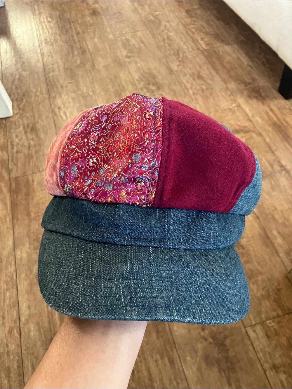 Y2k Patchwork Boho Denim Brim Women's Cap in Burgundy and Multicolor